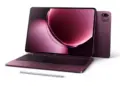 Detail sudut tablet Xiaomi Pad 9 dalam mode laptop dengan keyboard case ungu yang serasi.