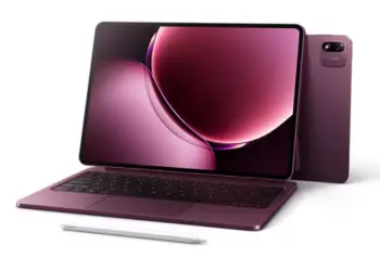 Detail sudut tablet Xiaomi Pad 9 dalam mode laptop dengan keyboard case ungu yang serasi.