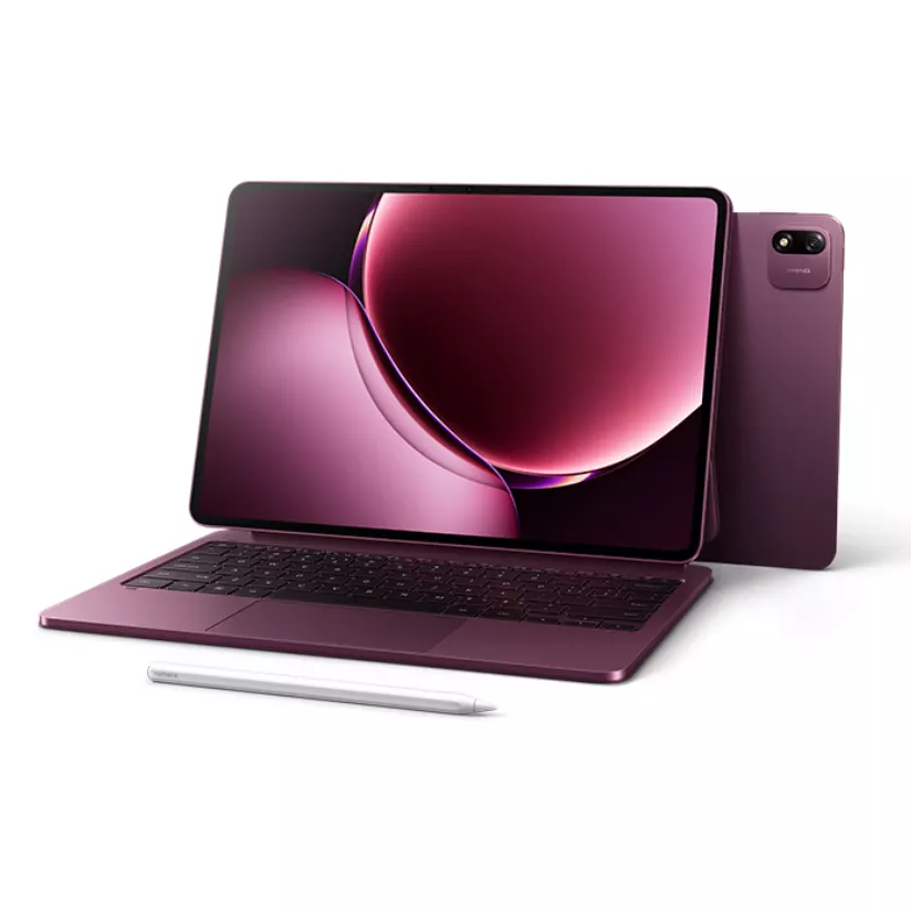 Detail sudut tablet Xiaomi Pad 9 dalam mode laptop dengan keyboard case ungu yang serasi.
