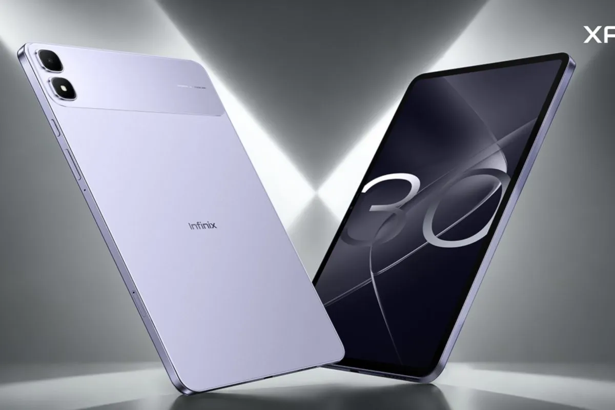 Render studio Infinix XPAD 30 Pro memperlihatkan bodi belakang warna ungu dan tampilan layar depan.