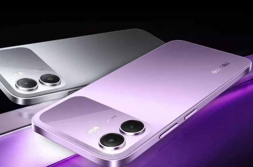 Dua smartphone entry-level dengan modul dua kamera belakang berdesain modern berwarna ungu pastel dan abu-abu.