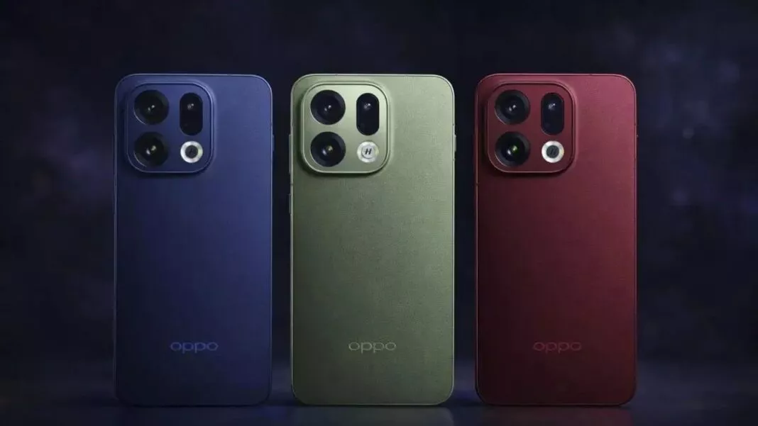 Tiga unit Oppo Find X10 berderet menampilkan varian warna biru, hijau, dan merah dengan modul kamera premium.