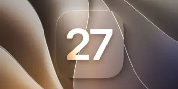 Logo resmi iOS 27 dengan latar belakang abstrak bergelombang warna emas dan cokelat.