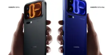 Dua genggaman tangan memegang bodi belakang Xiaomi 18 Pro abu-abu dan Xiaomi 18 Pro Max biru.