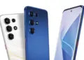 Tiga pilihan HP 2 jutaan terbaik dengan varian warna putih dan biru menampilkan bodi belakang serta layar depan.