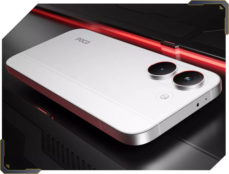 Smartphone POCO terbaru berwarna putih dengan dua kamera belakang besar diletakkan miring di atas permukaan futuristik.