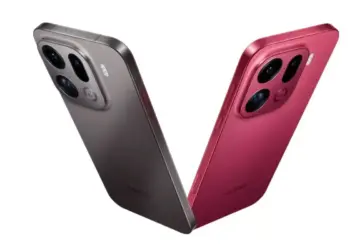 Dua smartphone Oppo Find X10 warna abu-abu metalik dan merah saling bertumpuk membentuk huruf V.