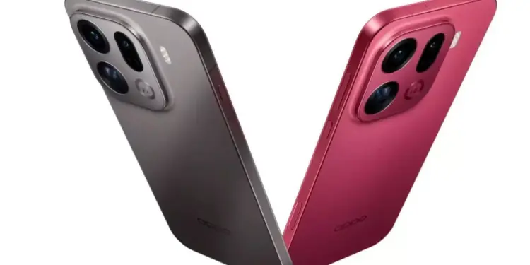 Dua smartphone Oppo Find X10 warna abu-abu metalik dan merah saling bertumpuk membentuk huruf V.