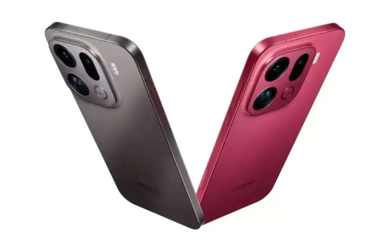 Dua smartphone Oppo Find X10 warna abu-abu metalik dan merah saling bertumpuk membentuk huruf V.