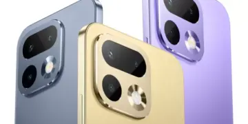 Tiga varian warna HP realme dengan modul kamera persegi berwarna abu-abu, emas, dan ungu