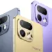 Tiga varian warna HP realme dengan modul kamera persegi berwarna abu-abu, emas, dan ungu
