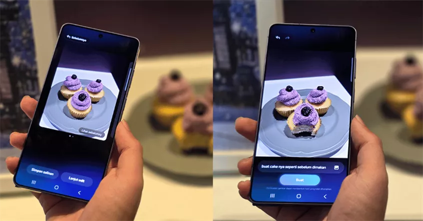 Dua smartphone menampilkan proses pengeditan foto kue menggunakan fitur berbasis kecerdasan buatan