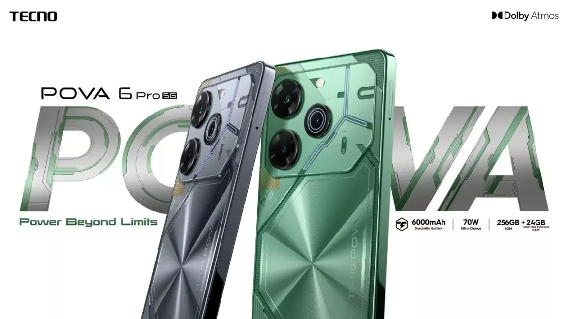 Poster promosi Tecno Pova 6 Pro 5G dengan spesifikasi baterai 6000mAh dan dukungan RAM besar.