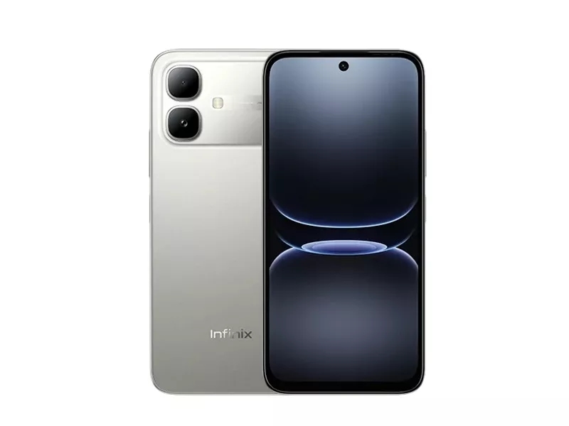 Tampilan depan dan belakang HP Infinix terbaru varian warna silver cerah.