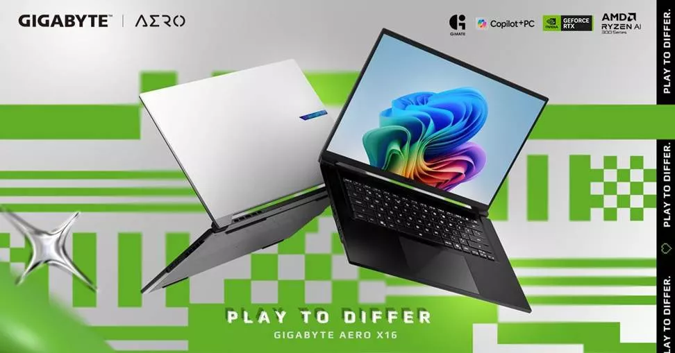 Laptop ultrathin GIGABYTE AERO X16 warna putih dan hitam berteknologi Copilot+ PC dan prosesor AMD Ryzen AI.