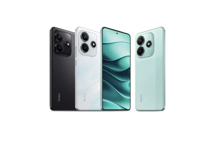 Jajaran empat unit HP Redmi 2 jutaan menampilkan bodi belakang hitam, putih, hijau mint, dan layar depan.