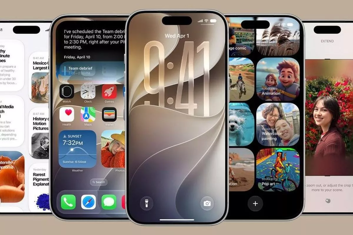 Jajaran perangkat iPhone yang menampilkan antarmuka dan fitur-fitur baru pada sistem operasi iOS 27.
