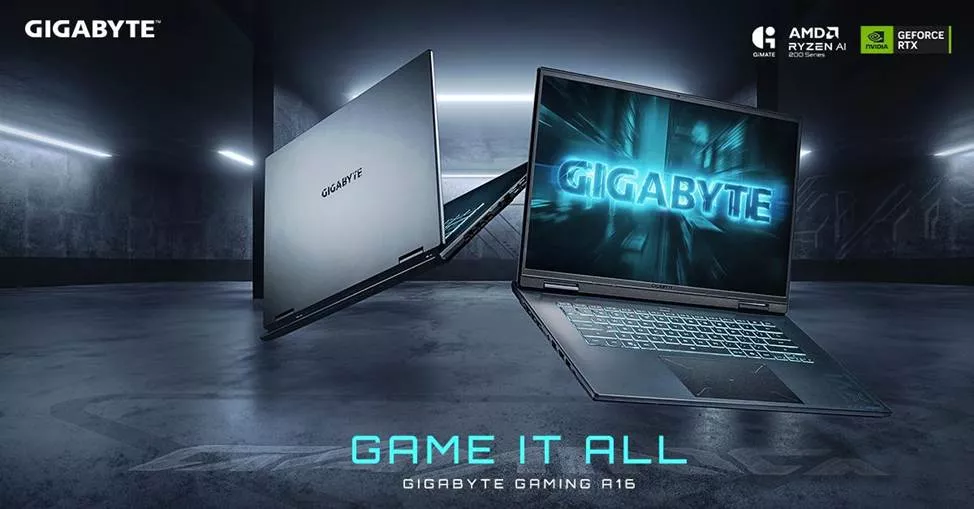 Laptop GIGABYTE Gaming A16 berwarna abu-abu gelap dengan keyboard berlampu backlit biru.