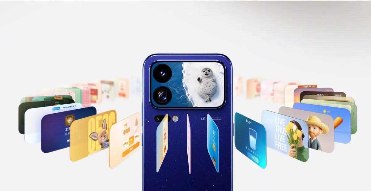 Tampilan layar sekunder Xiaomi 18 Pro biru yang menampilkan berbagai widget dan wallpaper unik.
