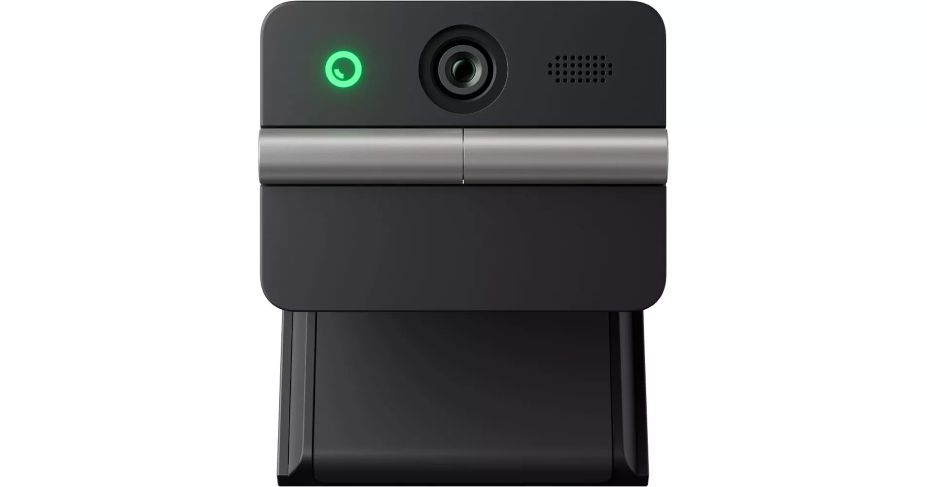Tampak depan perangkat webcam lipat Obsbot Meet Flip dengan lensa 4K, mikrofon, dan lampu indikator LED hijau.
