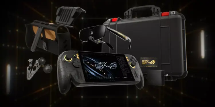 Paket penjualan eksklusif ROG Xbox Ally X20 lengkap dengan kacamata AR, hard case, dan aksesori gaming.