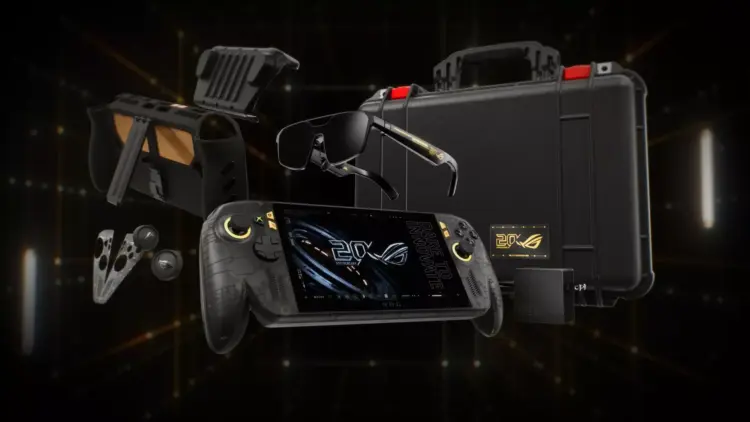 Paket penjualan eksklusif ROG Xbox Ally X20 lengkap dengan kacamata AR, hard case, dan aksesori gaming.