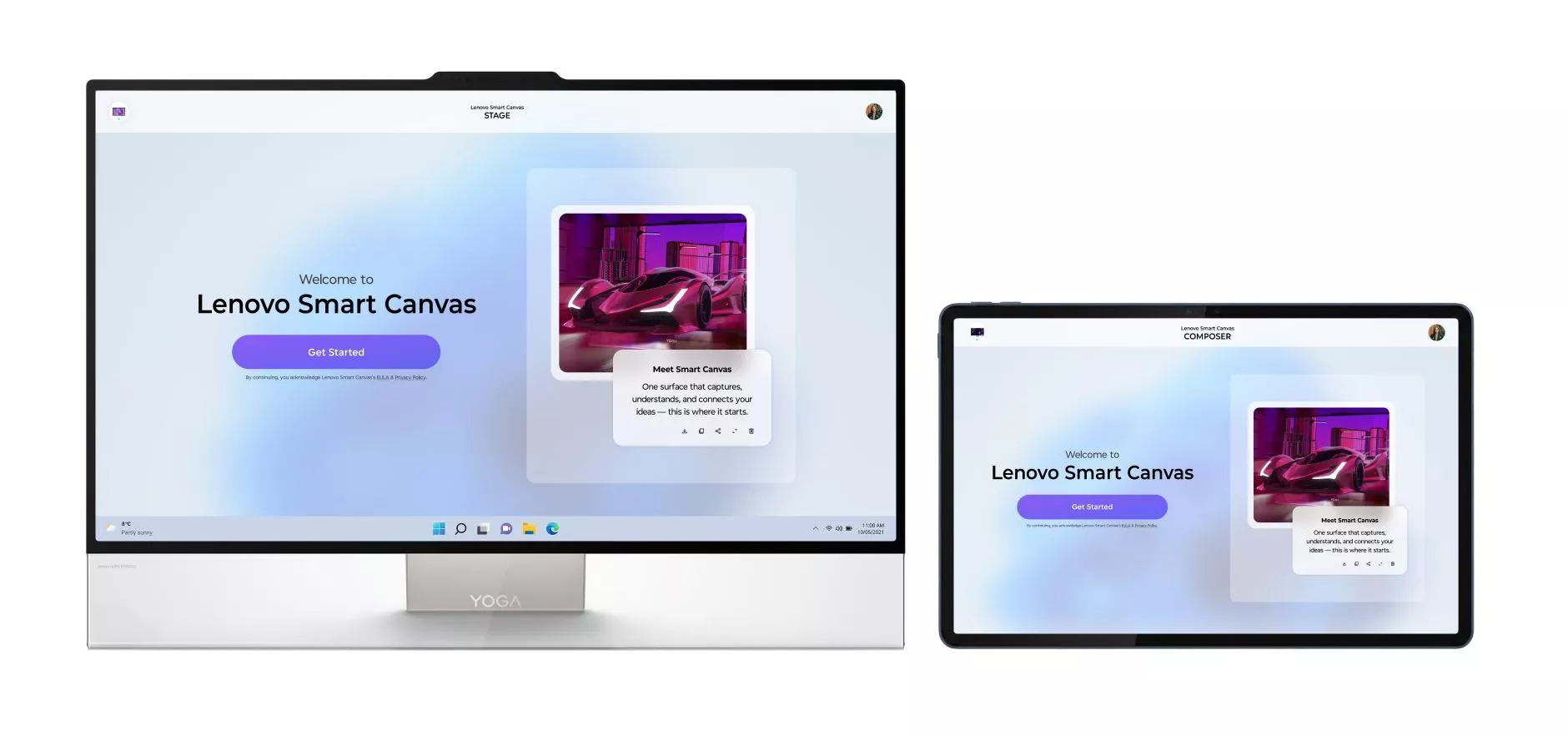 Tampilan antarmuka perangkat lunak Lenovo Smart Canvas di layar PC desktop dan tablet Lenovo Yoga.