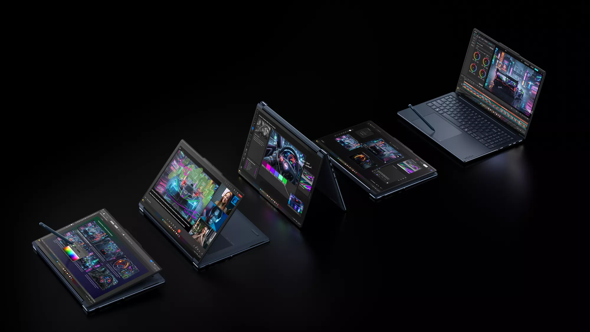 Berbagai posisi penggunaan laptop Lenovo Yoga 2-in-1 yang dilengkapi dengan stylus pen di latar belakang hitam.