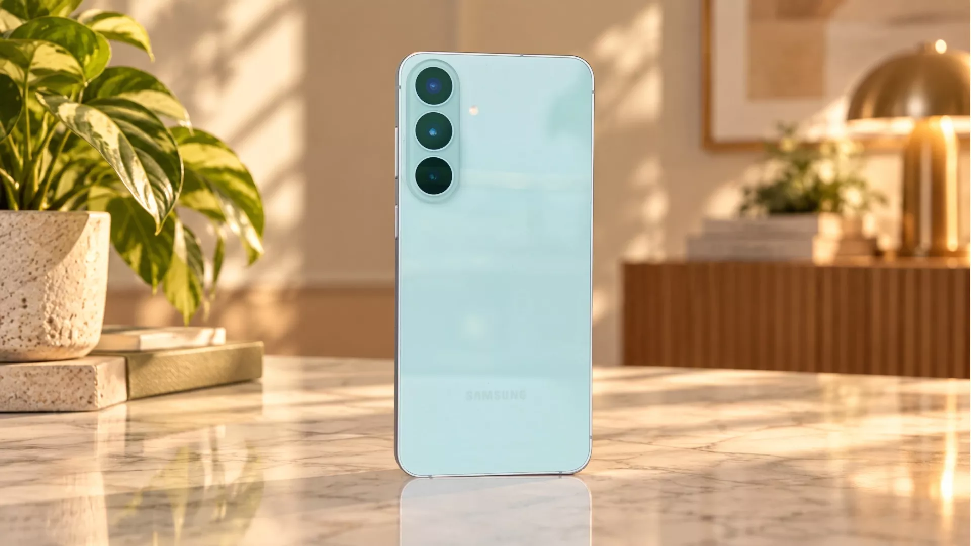 Bodi belakang Samsung Galaxy S26 FE warna hijau mint berdiri di atas meja marmer.