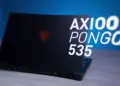 Tampilan cover belakang laptop gaming Axioo Pongo 535 warna hitam dengan logo Pongo merah.