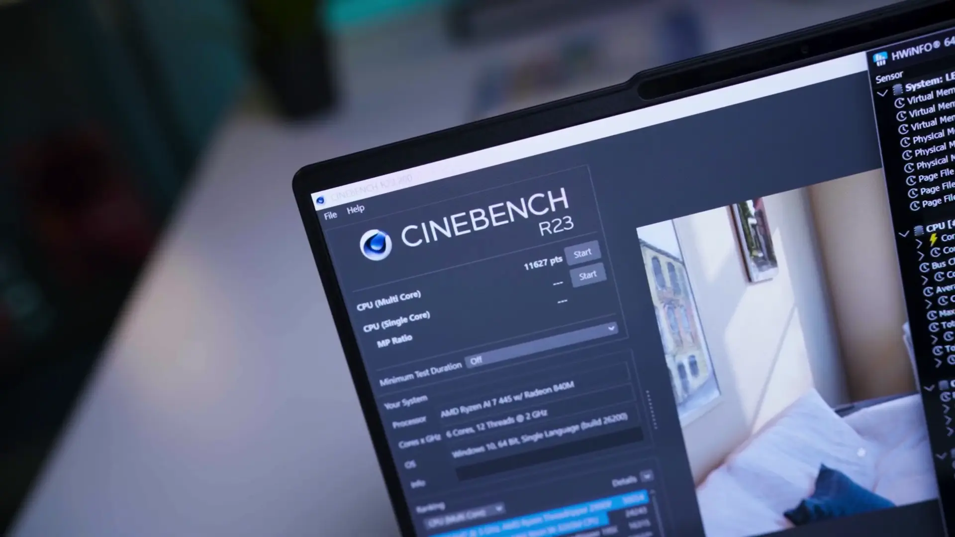 Hasil pengujian Cinebench R23 pada layar laptop Lenovo Yoga Slim 7a menunjukkan skor CPU Multi Core 11627 poin.
