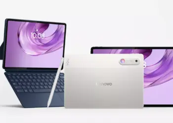Tablet Lenovo Yoga Tab Gen 2 varian warna Cosmic Blue dengan keyboard detachable dan warna Seashell dengan stylus pen.