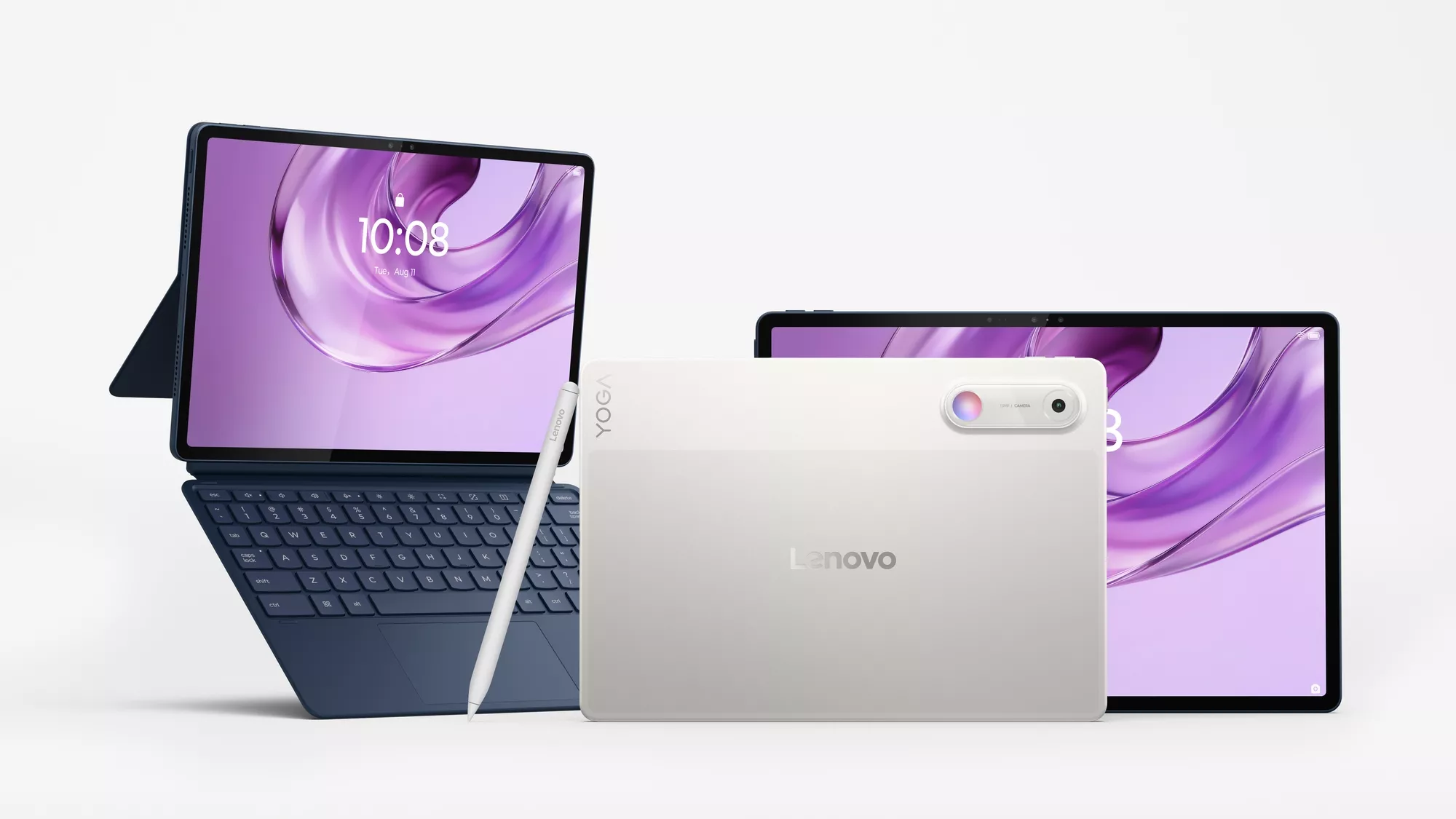 Tablet Lenovo Yoga Tab Gen 2 varian warna Cosmic Blue dengan keyboard detachable dan warna Seashell dengan stylus pen.