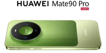Tampilan belakang smartphone Huawei Mate 90 Pro berwarna hijau dengan modul kamera lingkaran besar XMAGE
