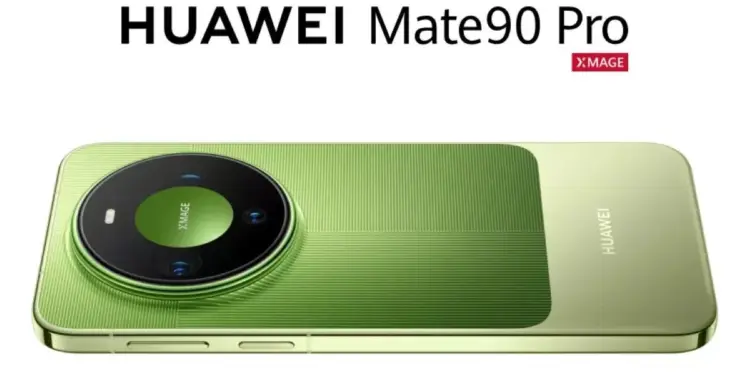 Tampilan belakang smartphone Huawei Mate 90 Pro berwarna hijau dengan modul kamera lingkaran besar XMAGE