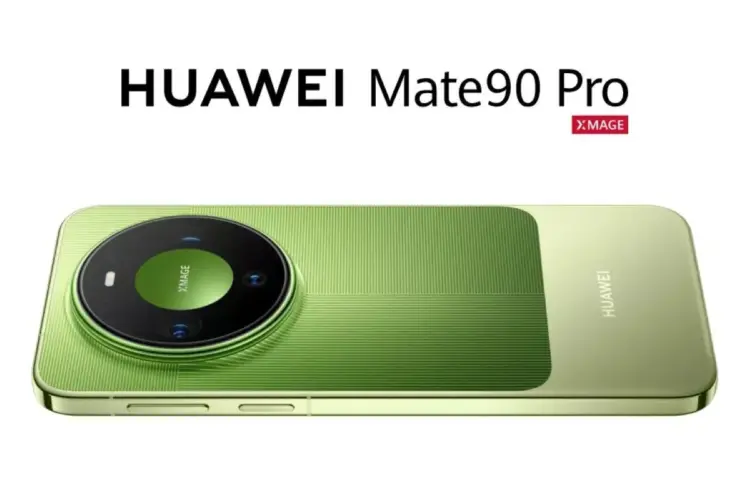 Tampilan belakang smartphone Huawei Mate 90 Pro berwarna hijau dengan modul kamera lingkaran besar XMAGE