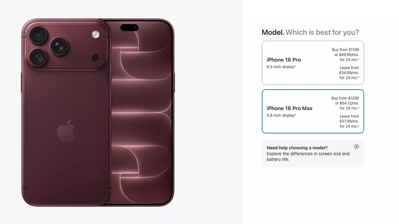 Tampilan depan dan belakang iPhone 18 Pro berwarna merah marun beserta informasi pilihan model dan harga pre-order.