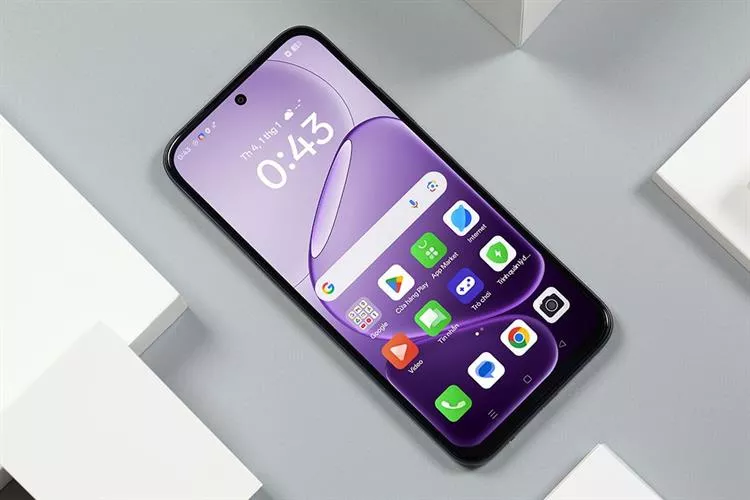 Tampilan layar depan HP OPPO 3 Jutaan dengan bezel tipis dan wallpaper ungu yang terang untuk kebutuhan vlogging.