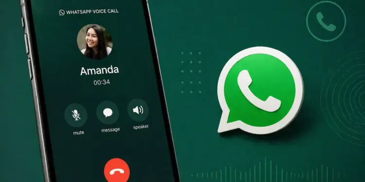 Tampilan layar smartphone yang sedang melakukan panggilan telepon WhatsApp suara.
