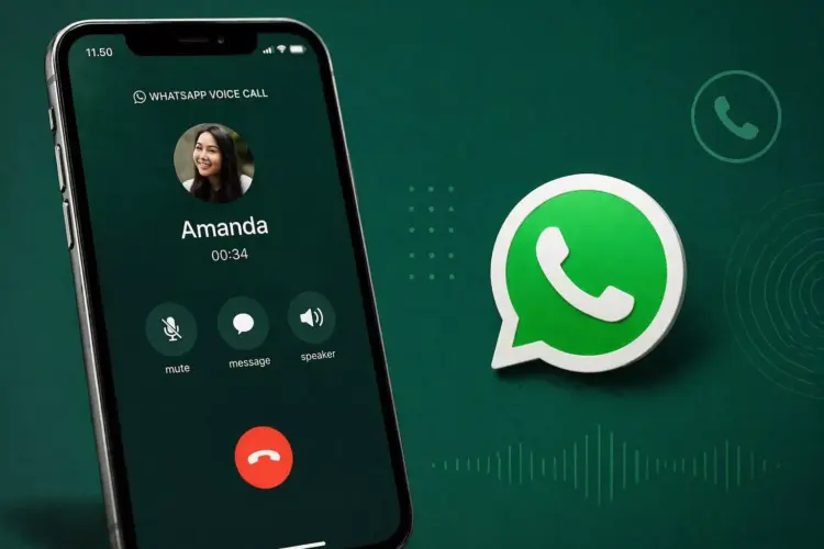 Tampilan layar smartphone yang sedang melakukan panggilan telepon WhatsApp suara.