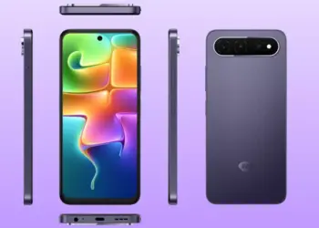 Tampilan desain depan, belakang, dan sisi samping smartphone itel City 300 5G berwarna ungu.