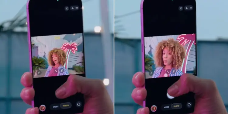 Seseorang mengambil foto selfie menggunakan HP kamera depan terbaik dengan tampilan autofocus wajah di layar.