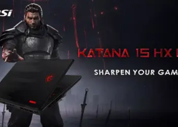 Banner promosi laptop gaming MSI Katana 15 HX 2026 bertema samurai dengan tagline Sharpen Your Game