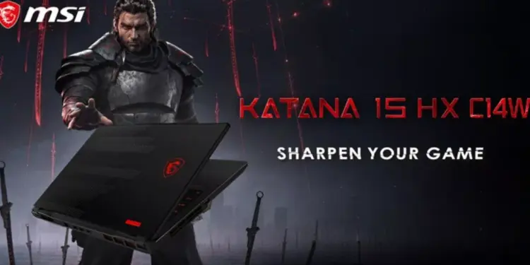 Banner promosi laptop gaming MSI Katana 15 HX 2026 bertema samurai dengan tagline Sharpen Your Game
