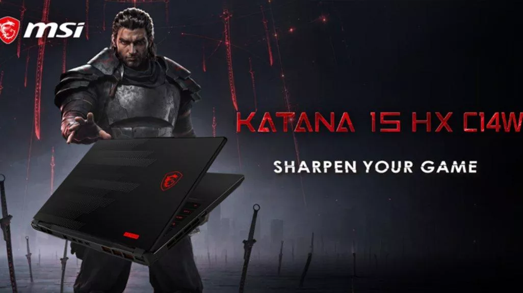 Banner promosi laptop gaming MSI Katana 15 HX 2026 bertema samurai dengan tagline Sharpen Your Game