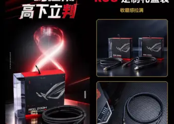 Tampilan kemasan dan detail kabel ethernet ASUS ROG Zoom berkecepatan 40 Gbps