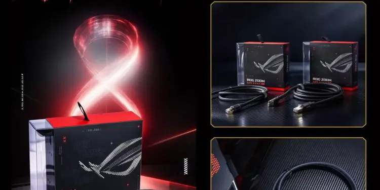 Tampilan kemasan dan detail kabel ethernet ASUS ROG Zoom berkecepatan 40 Gbps