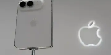 Detail bodi belakang dan modul kamera iPhone Duo berlatar logo Apple.