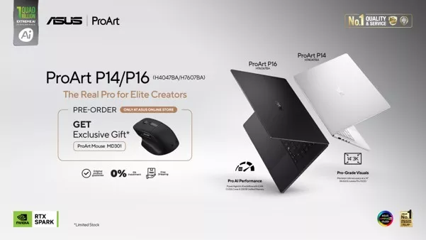 Poster pre-order laptop ASUS ProArt P14 dan P16 bertenaga AI dengan bonus ProArt Mouse MD301