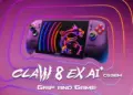 Konsol genggam PC MSI Claw 8 EX AI+ dengan latar belakang neon dan logo naga MSI.